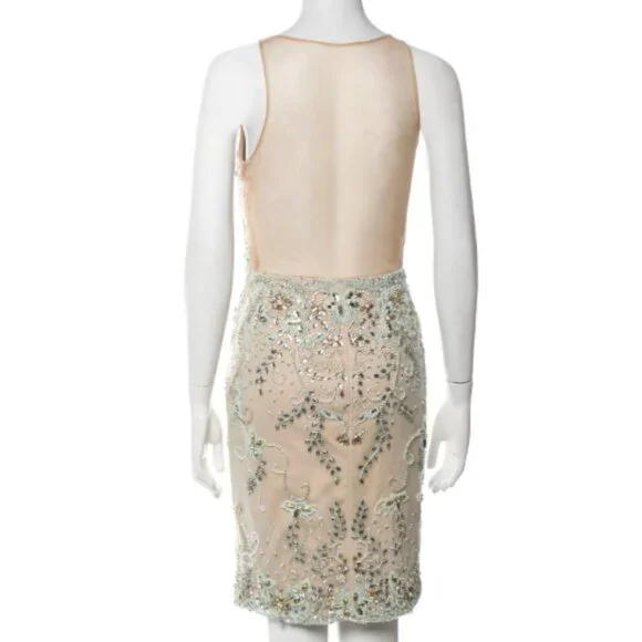 NWT Terani Couture Beaded Lace Sheath Dress XS Sparkle Embellished Nude Mint